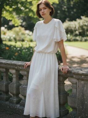 Vintage White Floral Jacquard Satin Garden Party Dress